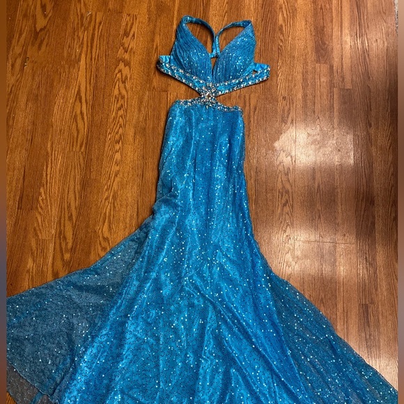 Vintage Y2K Dress Sequin Beaded Gown Slip Dress Cut Out Prom Dress Backless Blue - Picture 6 of 16